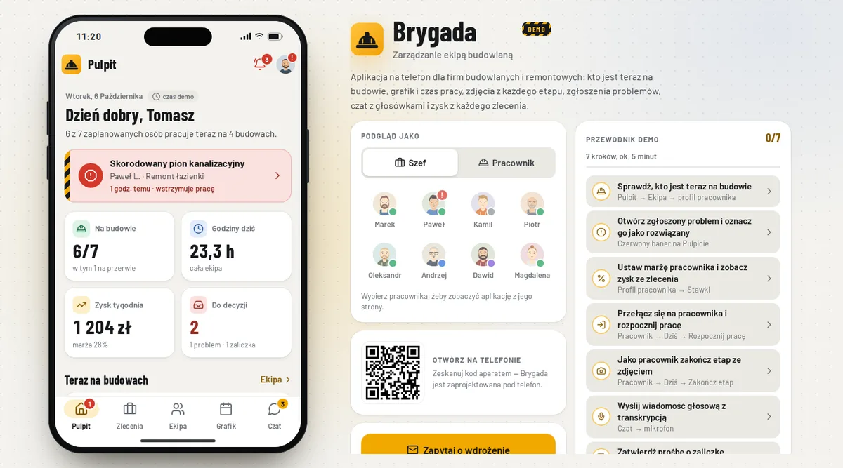 Podgląd aplikacji Brygada: pulpit szefa na telefonie — kto jest teraz na budowie, zgłoszony problem i zdjęcia z budów