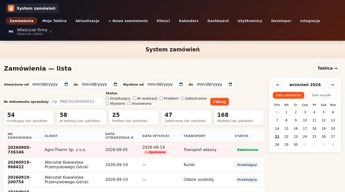 Podgląd systemu zamówień: lista zamówień, statusy i kalendarz wysyłek